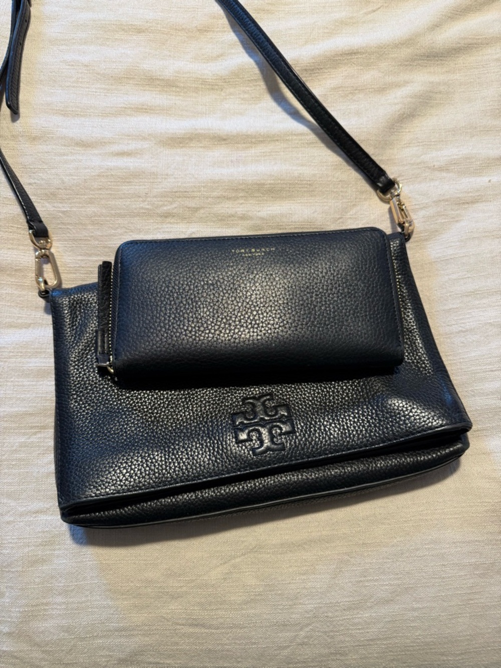 Tory Burch Black Pebbled Leather Crossbody and Wallet